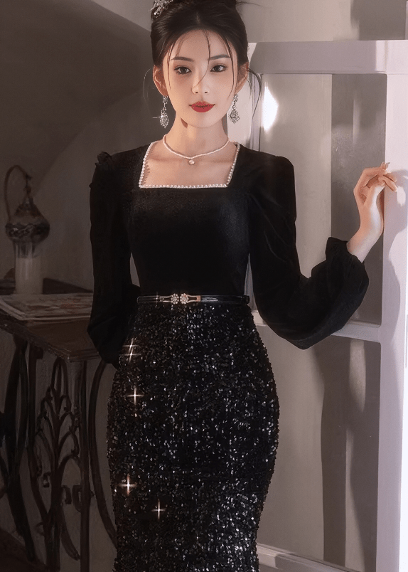 スクエアネックビジューマーメイドドレス - Vera Lumina