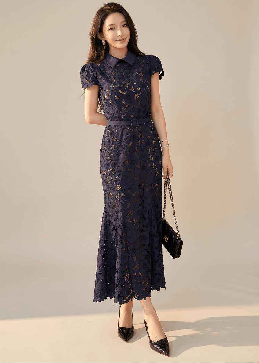 カラーベルトレースマーメイドドレス - Vera Lumina