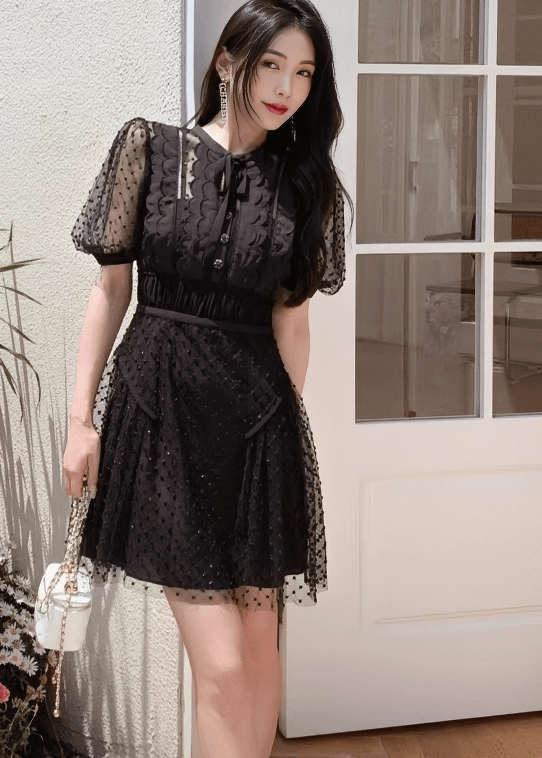 スカラップドットチュールボウタイパフドレス - Vera Lumina