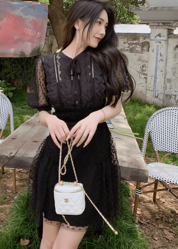 スカラップドットチュールボウタイパフドレス - Vera Lumina