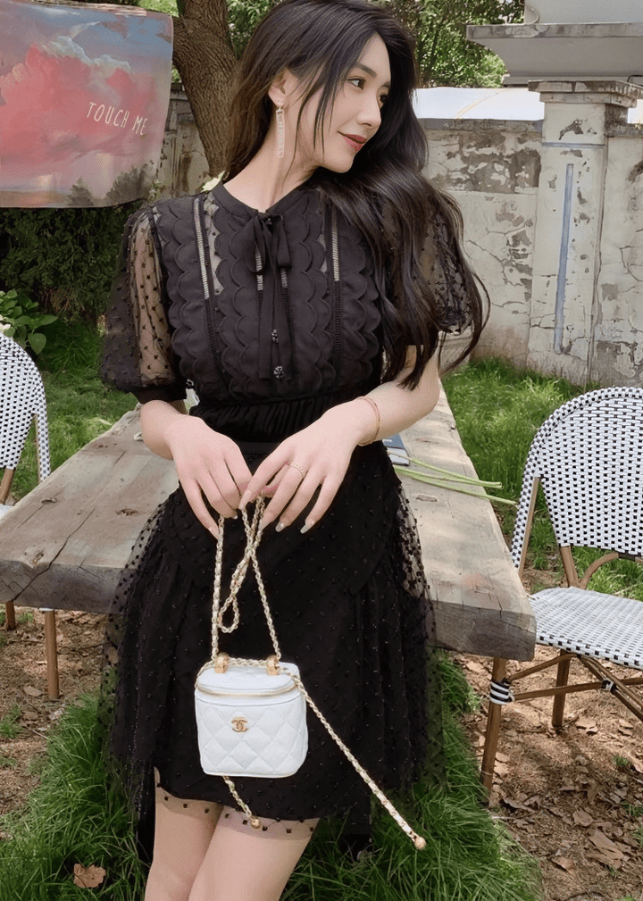 スカラップドットチュールボウタイパフドレス - Vera Lumina