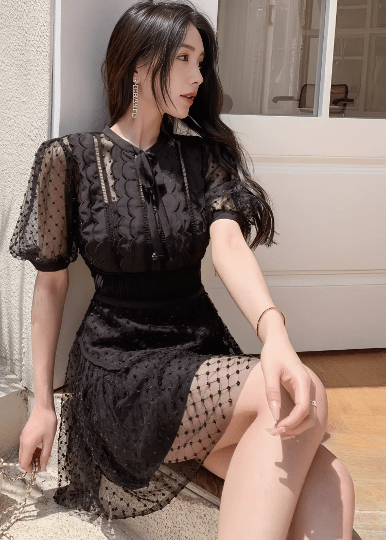 スカラップドットチュールボウタイパフドレス - Vera Lumina