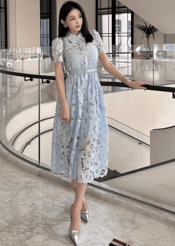 フラワーレースカラーパフスリーブフレアドレス - Vera Lumina