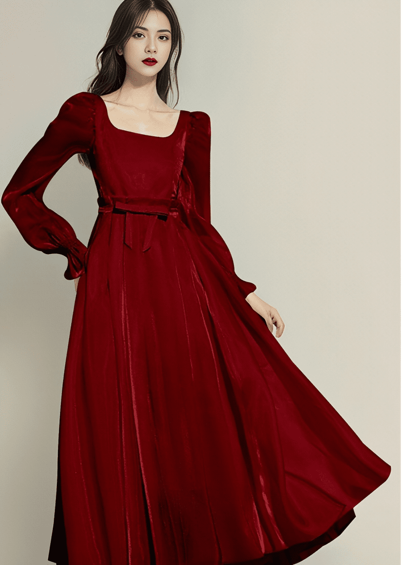 シルキーサテンサイドギャザーロングワンピース - Vera Lumina