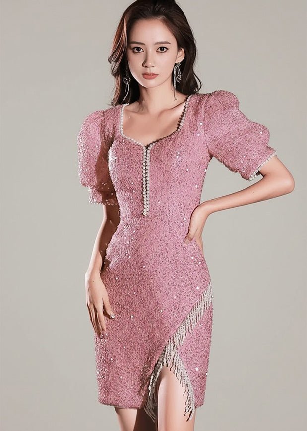 パールビジューパフスリーブツイードドレス - Vera Lumina