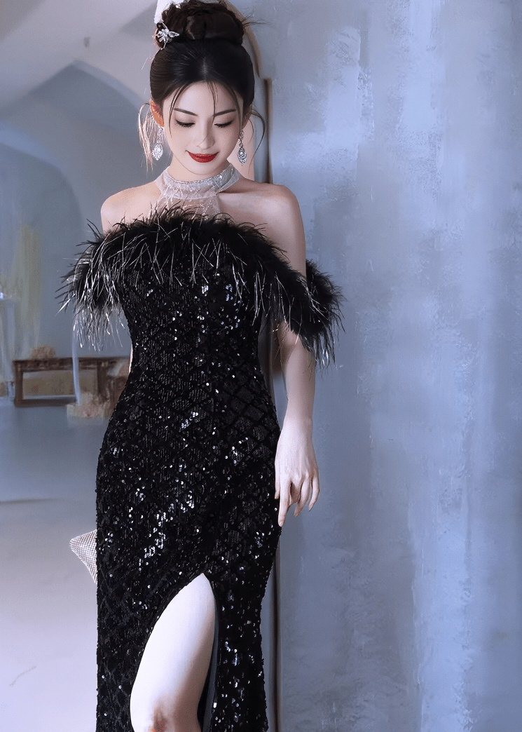 フェザーオフショルダーキラキラロングドレス - Vera Lumina