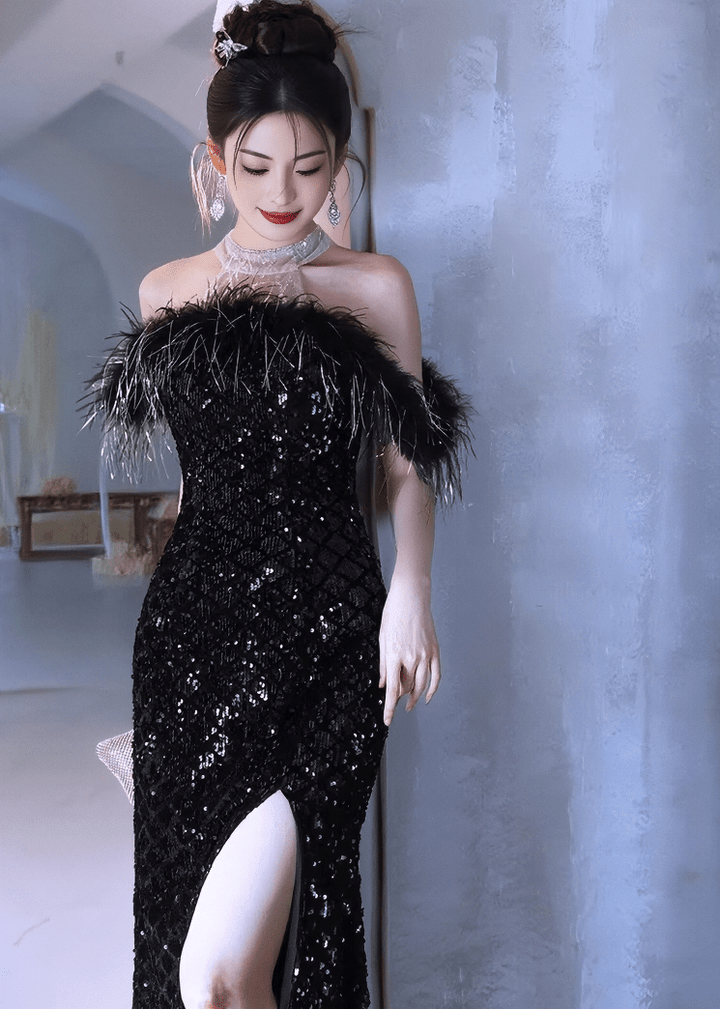 フェザーオフショルダーキラキラロングドレス - Vera Lumina