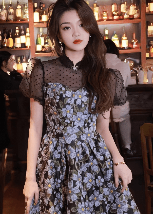 ドットチュールフラワーエンブロイダリードレス - Vera Lumina