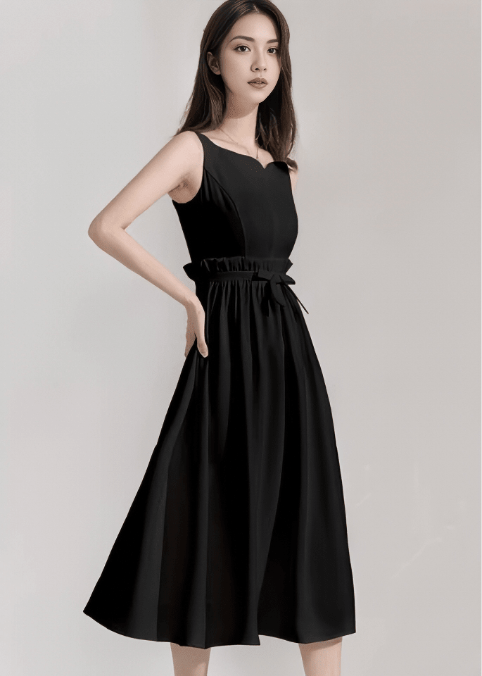 スカラップネックリボンウエストドレス - Vera Lumina