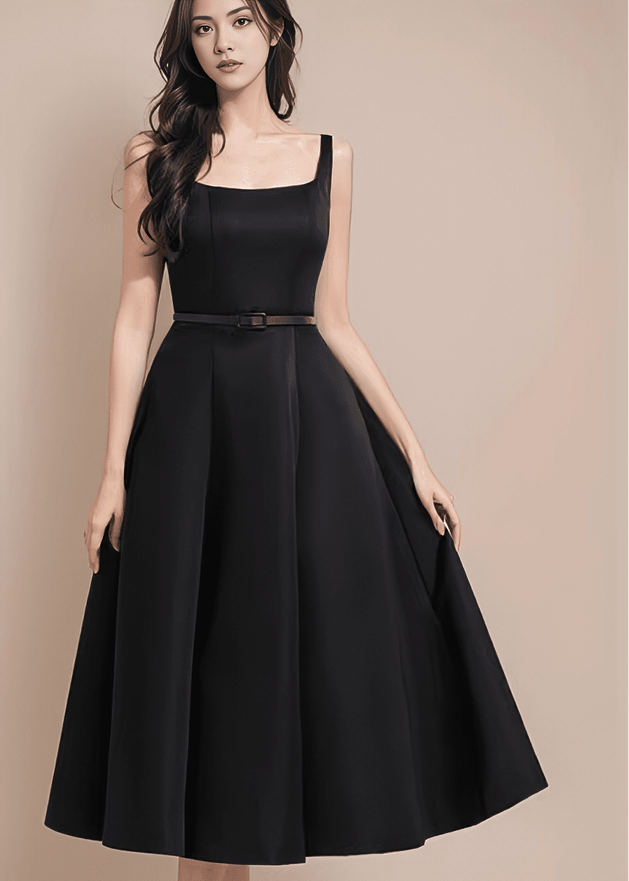 スクエアネックナローベルトフレアドレス - Vera Lumina