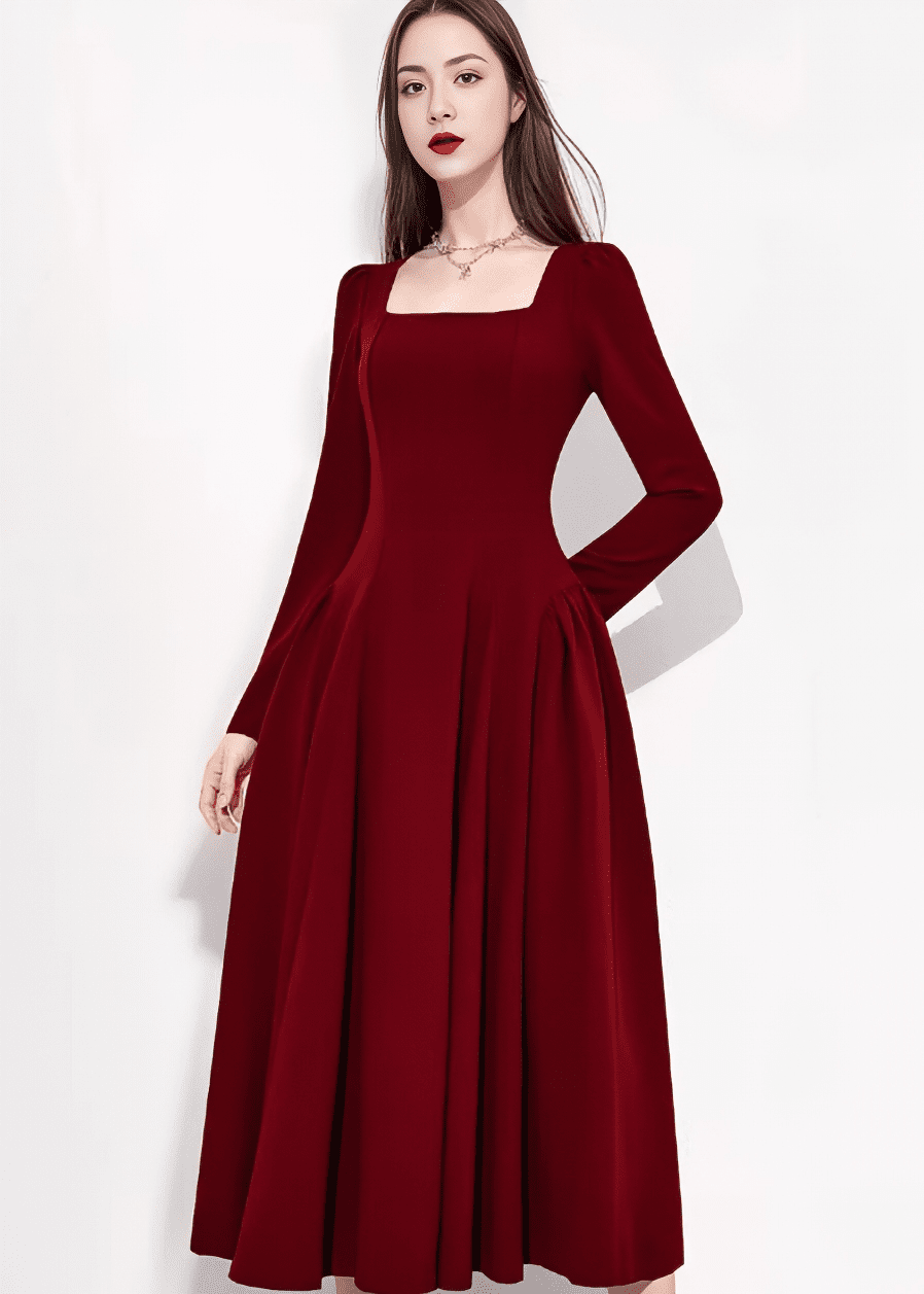 スクエアネックパフスリーブミディフレアドレス - Vera Lumina