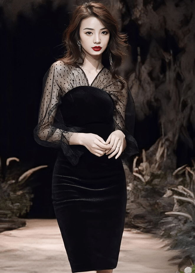 ドットチュールスリーブベルベットドレス - Vera Lumina