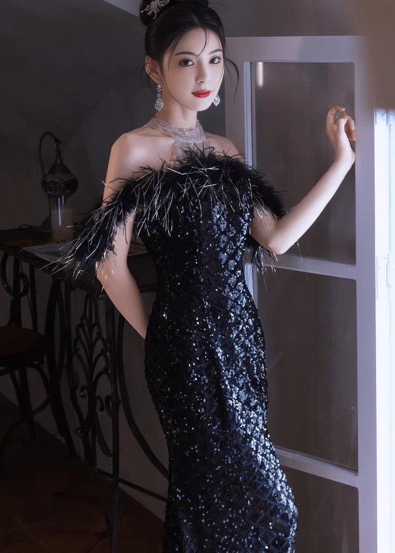 フェザーオフショルダーキラキラロングドレス - Vera Lumina