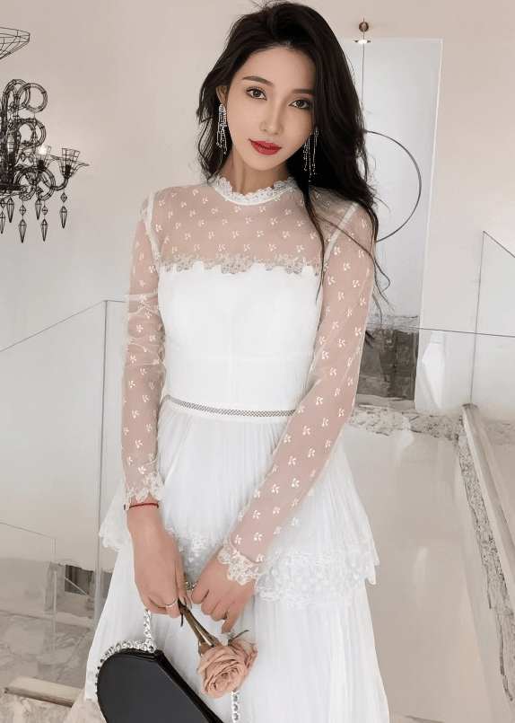 ドットチュールレースティアードプリーツドレス - Vera Lumina