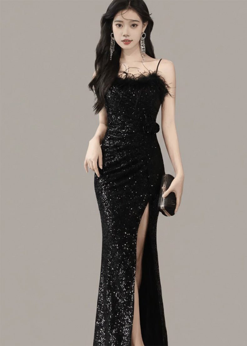 フェザービジューマーメイドスリットドレス - Vera Lumina