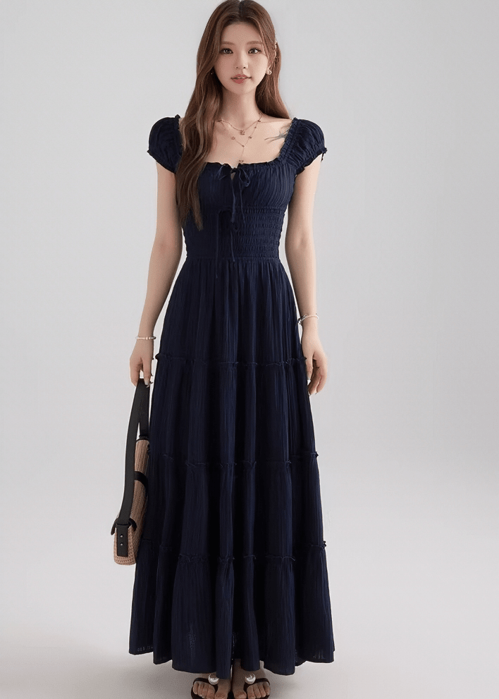 スモッキングリボンフレアマキシドレス - Vera Lumina