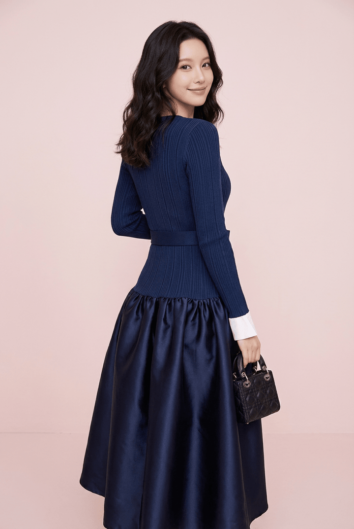 バイカラーパフスリーブバルーンシルエットドレス - Vera Lumina