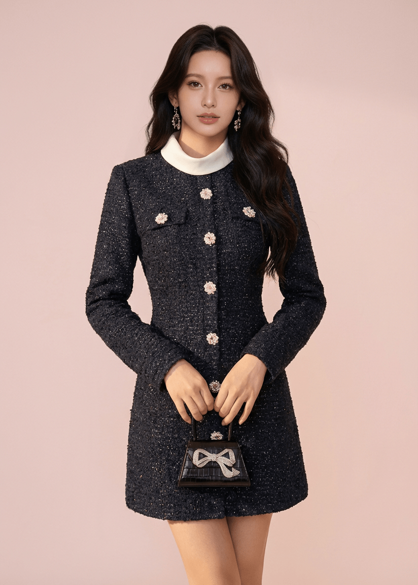 フラワービジューボタンラメツイードドレス - Vera Lumina