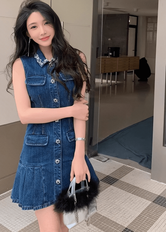 ビジューエンブロイダリープリーツデニムドレス - Vera Lumina