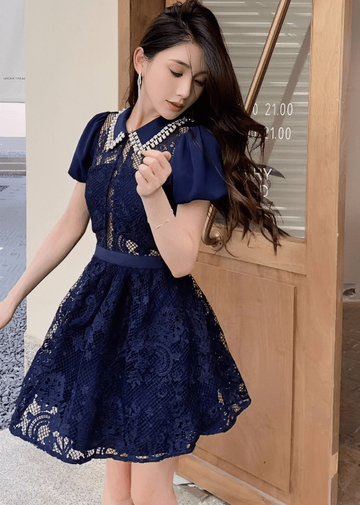 ビジューカラーシアーレースパフスリーブドレス - Vera Lumina