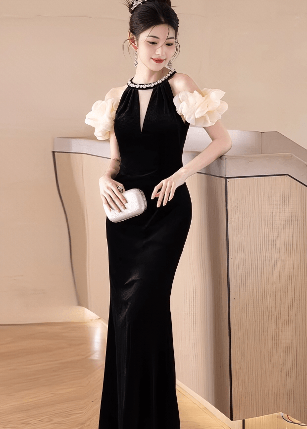 ビジューネックフラワーパフマーメイドドレス - Vera Lumina