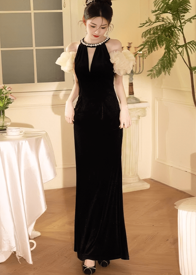 ビジューネックフラワーパフマーメイドドレス - Vera Lumina