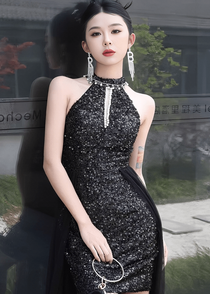 スクエアネックビジューパフマーメイドドレス - Vera Lumina