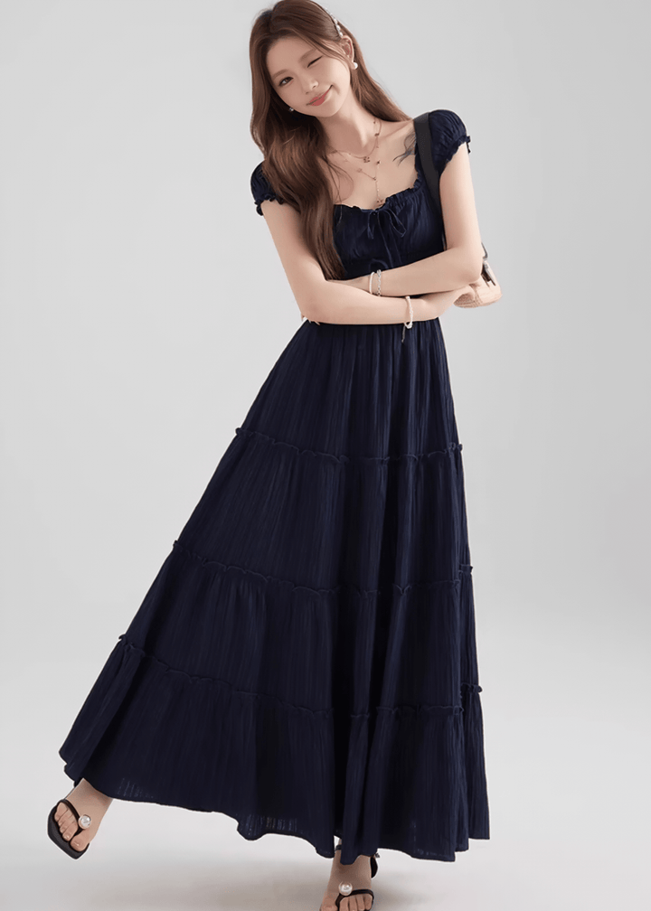 スモッキングリボンフレアマキシドレス - Vera Lumina