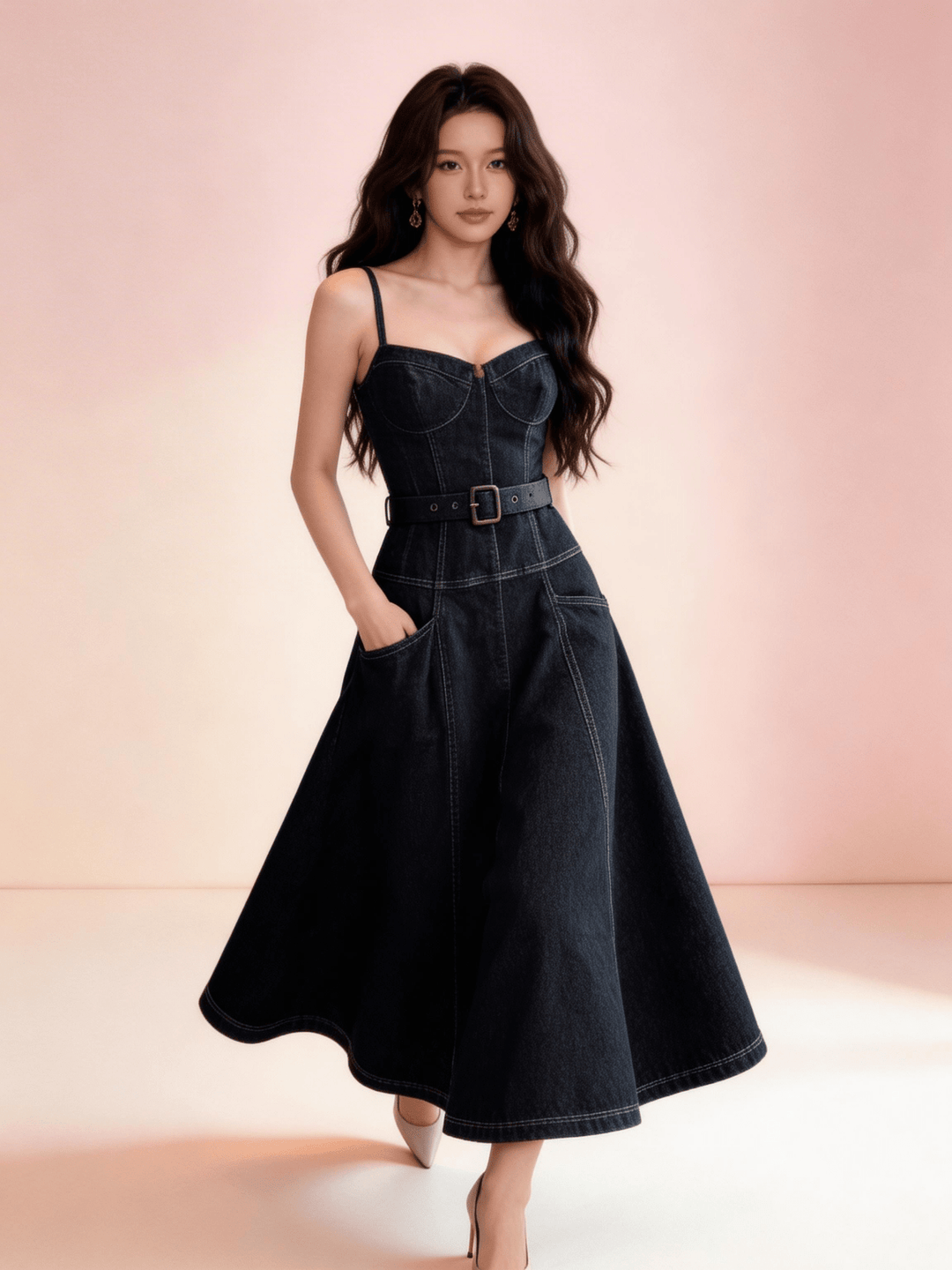 コルセットラインベルトフレアデニムドレス - Vera Lumina