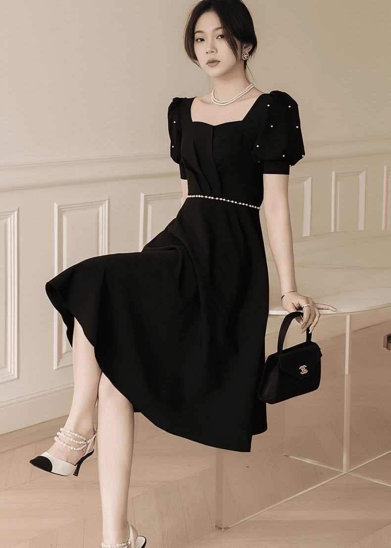 パールビジューパフスリーブフレアドレス - Vera Lumina