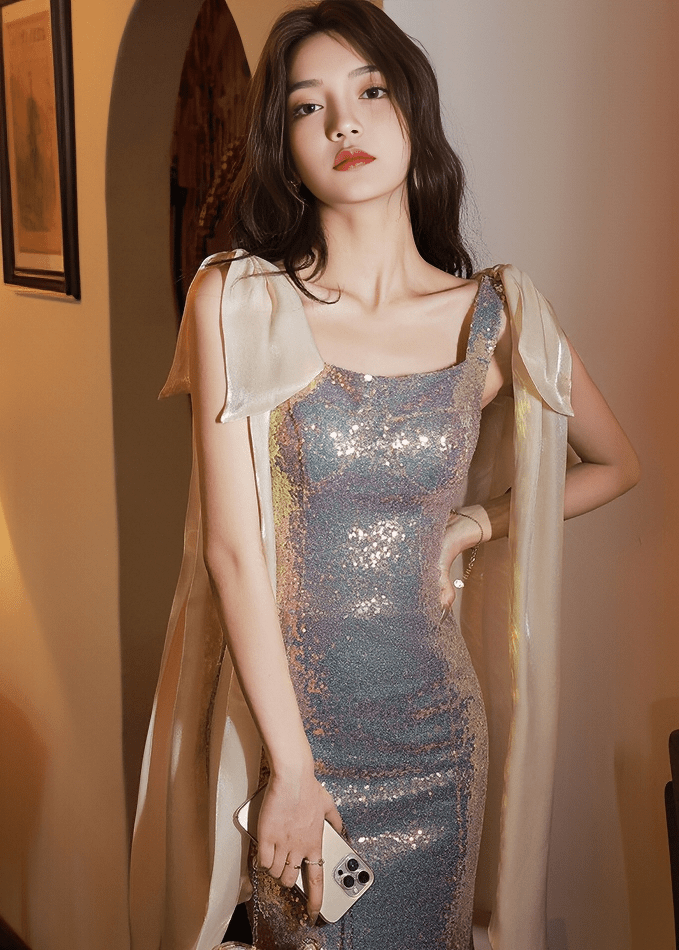 ショルダリボンスパンコールマーメイドドレス - Vera Lumina