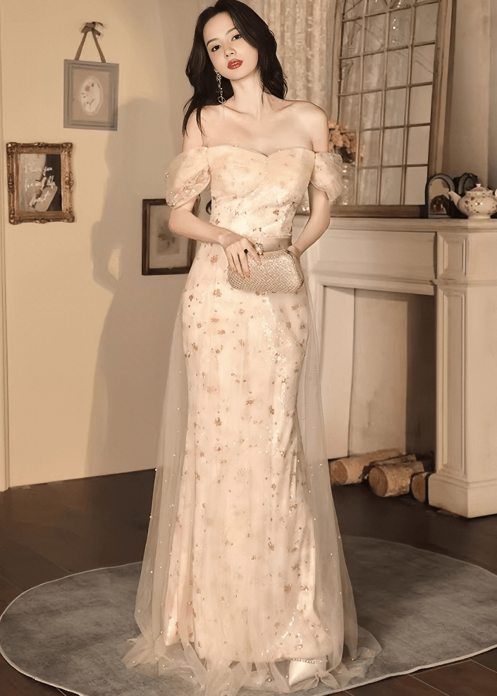 ビジューネックパフマーメイドロングドレス - Vera Lumina