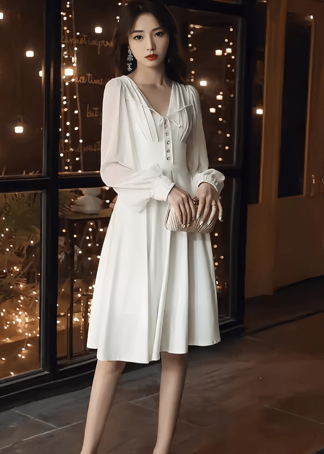 フロントリボンシアーパフスリーブフレアドレス - Vera Lumina