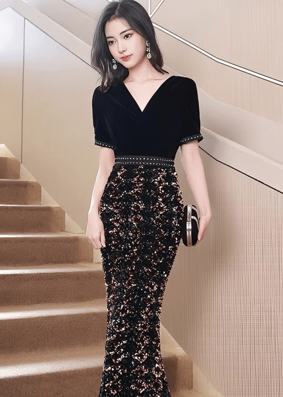 スパンコールパフスリーブビジューマーメイドドレス - Vera Lumina