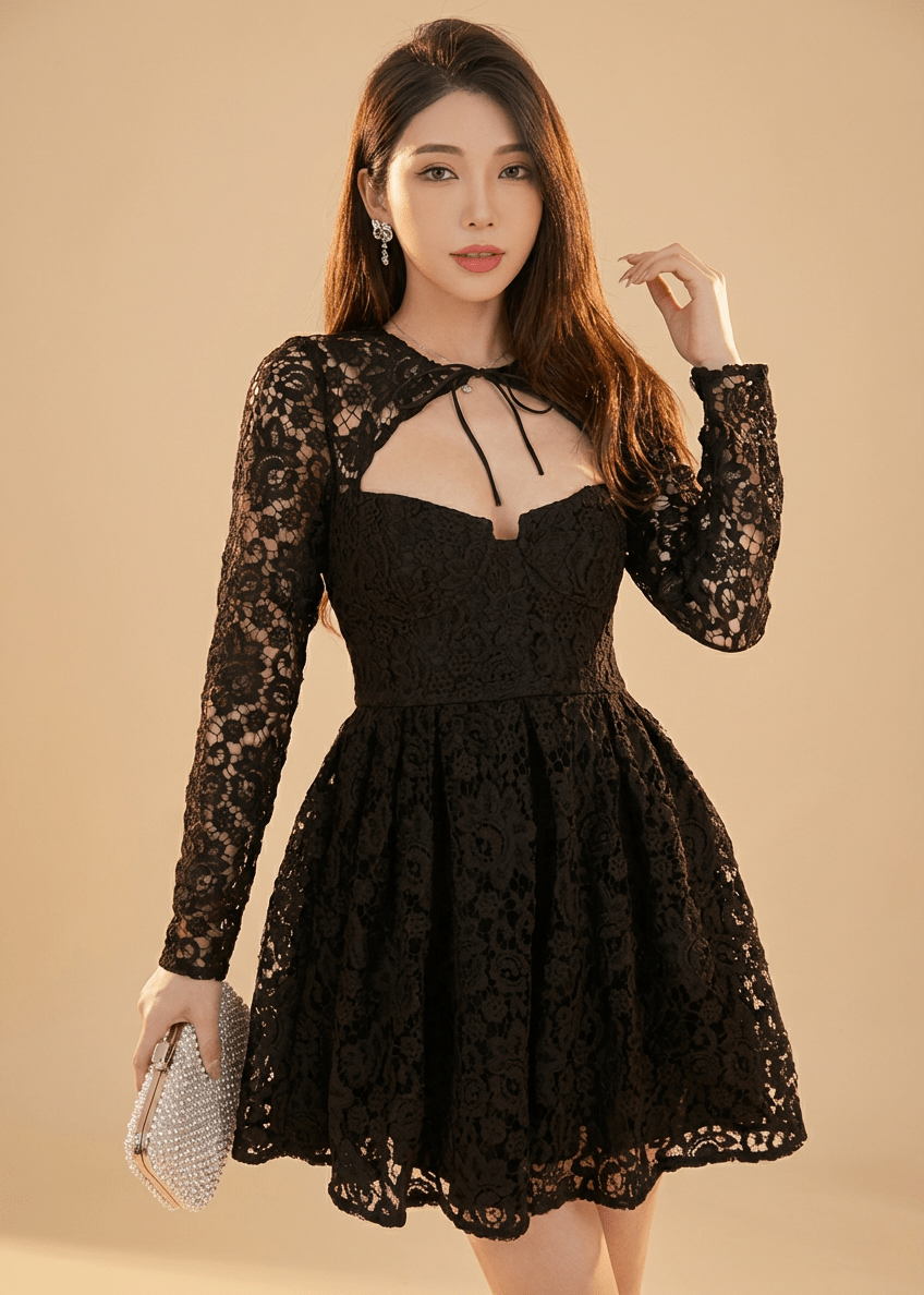 オープンデコルテリボンレースフレアドレス - Vera Lumina