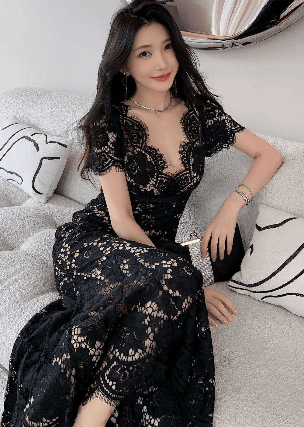 スカラップレースウエストリボンマーメイドドレス - Vera Lumina