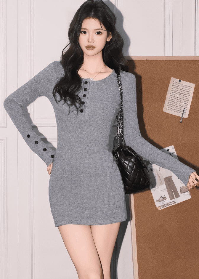 フロントボタンリブタイトミニワンピース - Vera Lumina