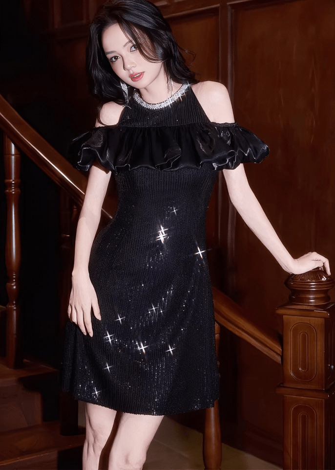 ビジューネックフリルオフショルダードレス - Vera Lumina