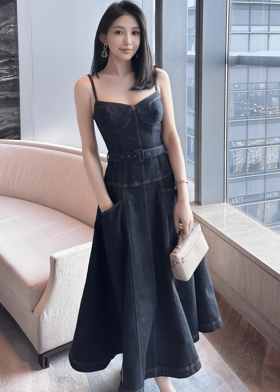 コルセットラインベルトフレアデニムドレス - Vera Lumina
