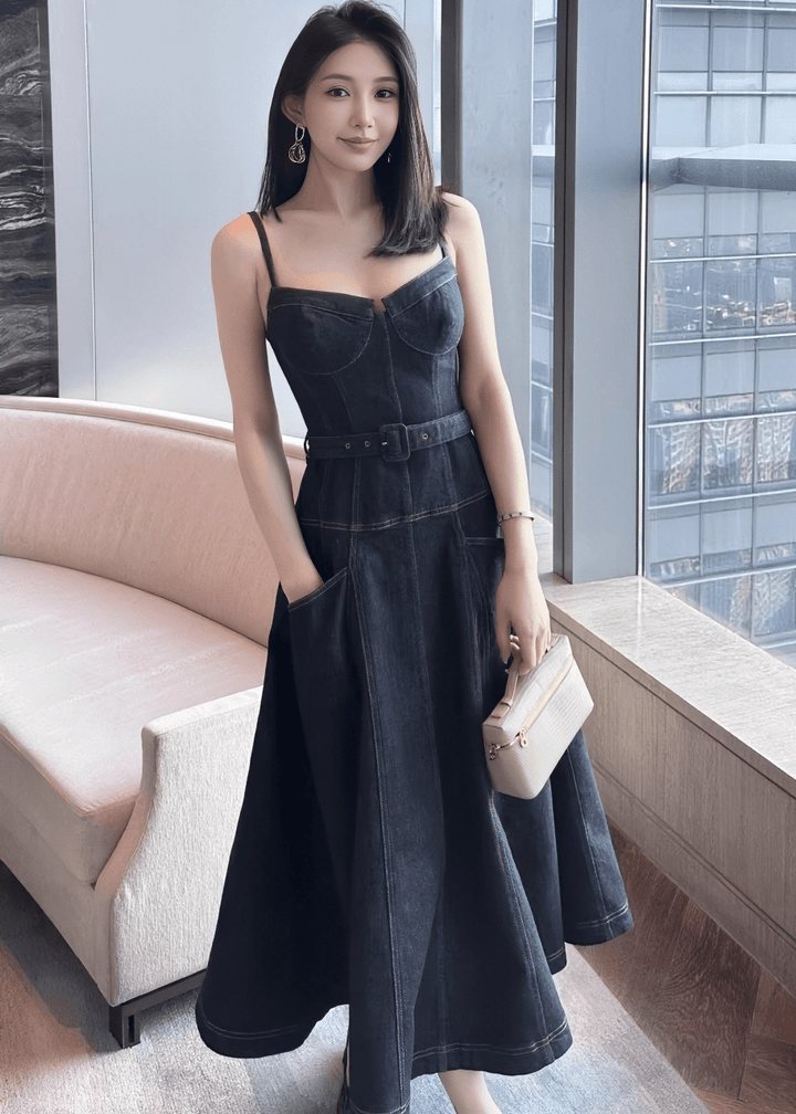 コルセットラインベルトフレアデニムドレス - Vera Lumina