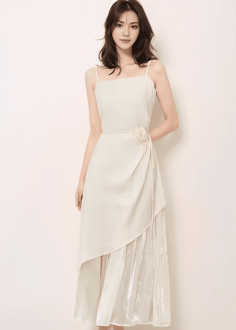 コサージュベルトサテンレイヤードレス - Vera Lumina