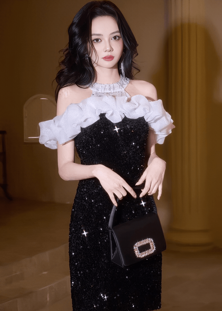 オフショルフリルビジュータイトミニドレス - Vera Lumina