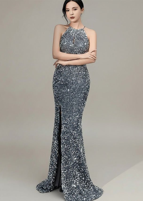 スパンコールホルターネックスリットドレス - Vera Lumina