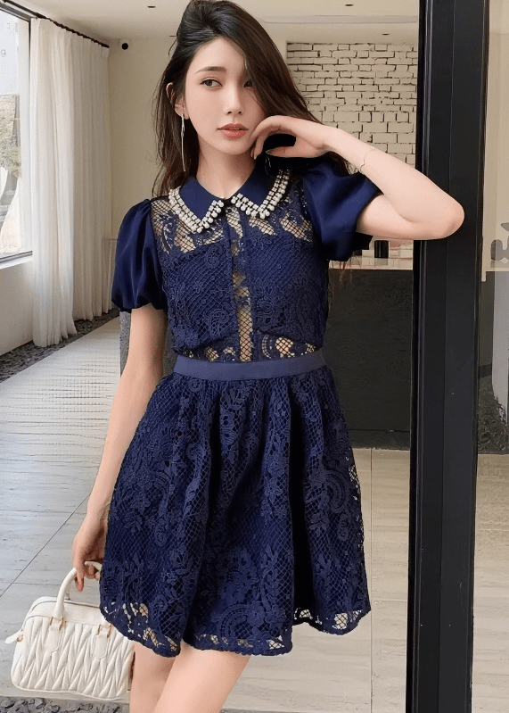 ビジューカラーシアーレースパフスリーブドレス - Vera Lumina