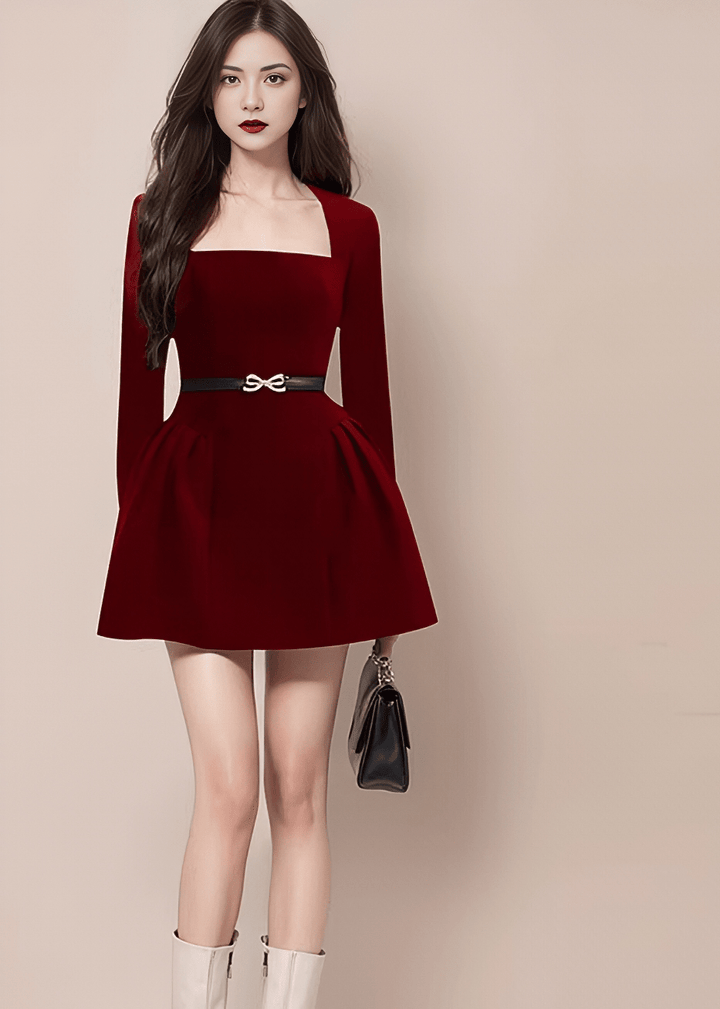 スクエアネックリボンベルトフレアドレス - Vera Lumina