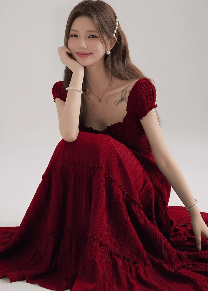 スモッキングリボンフレアマキシドレス - Vera Lumina