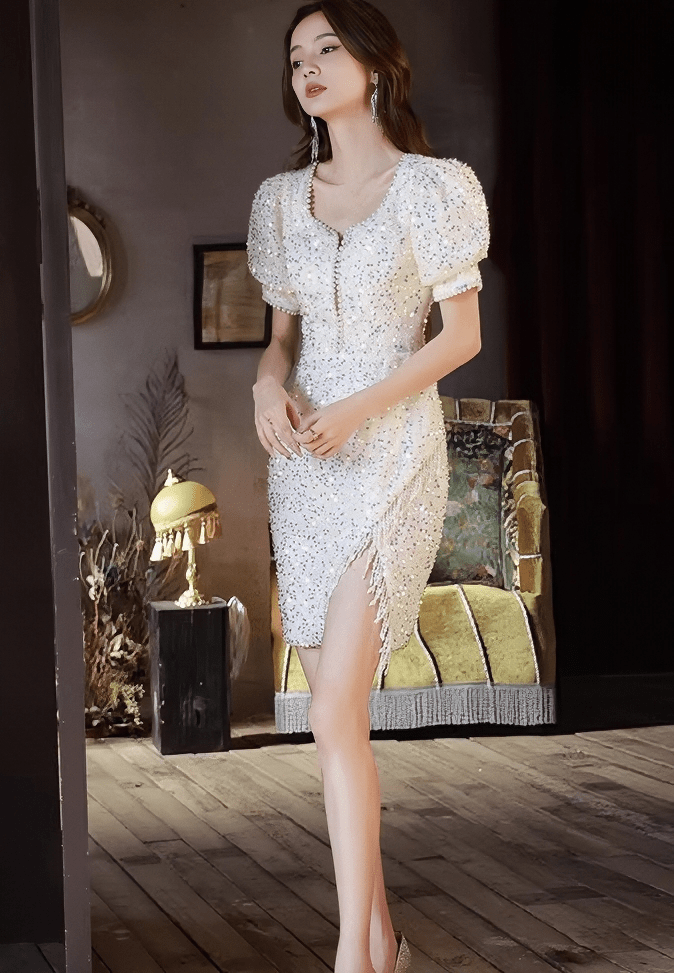 ビジューグリッターパフスリーブフリンジドレス - Vera Lumina