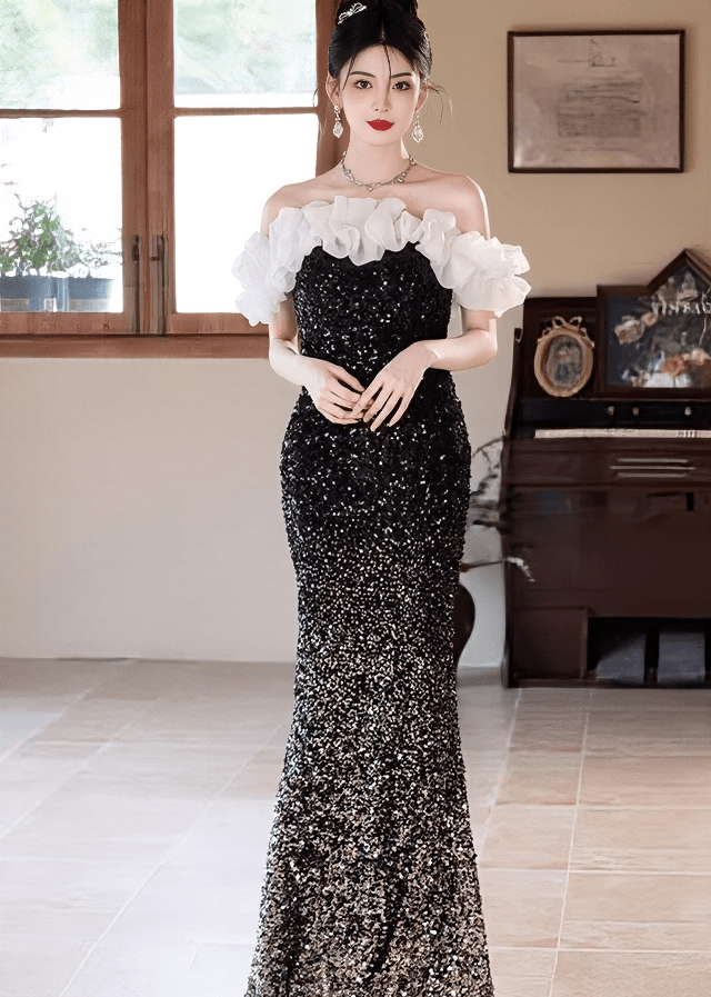 フリルオフショルダースパンコールマーメイドドレス - Vera Lumina