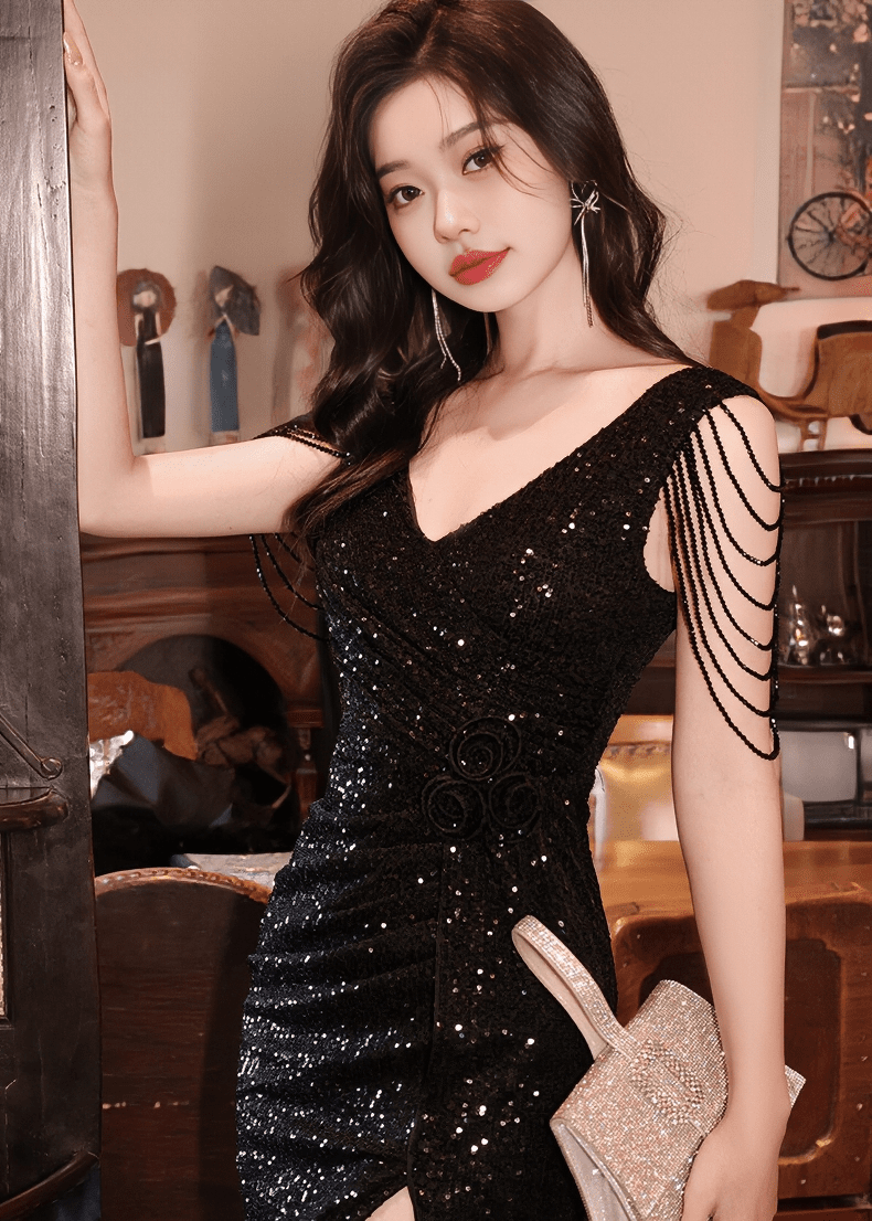 ビジューフリンジスパンコールスリットドレス - Vera Lumina