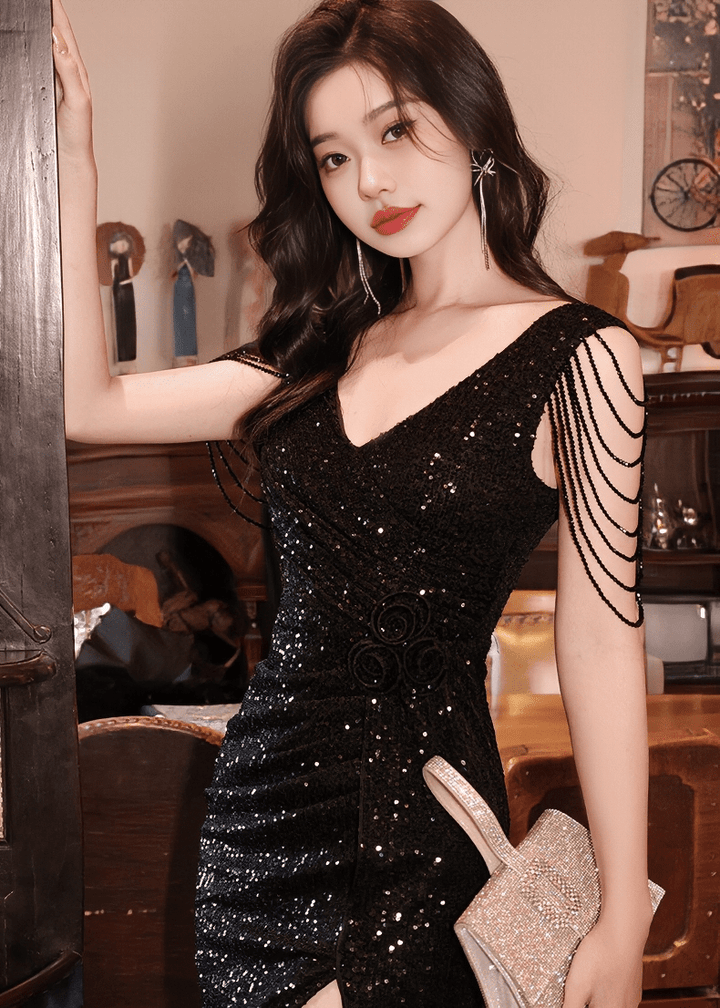 ビジューフリンジスパンコールスリットドレス - Vera Lumina